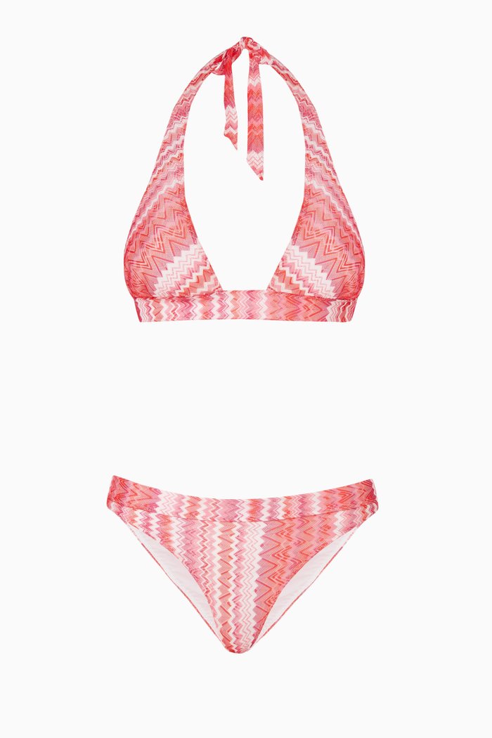 Halterneck Bikini Set in Crochet Knit, Pink
