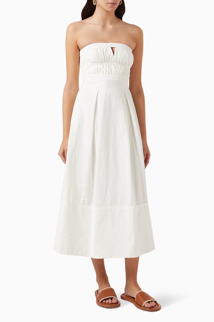

Akua Strapless Bustier Midi Dress in Cotton-linen, White
