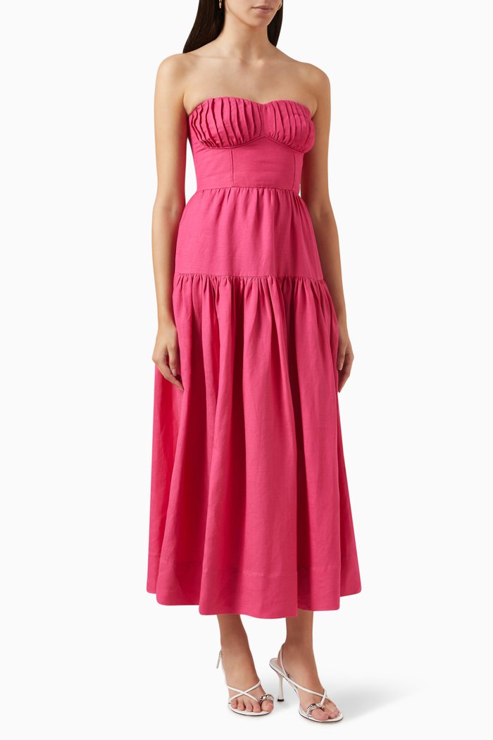 

Joanine Strapless Ruched Midi Dress in Linen-blend, Pink