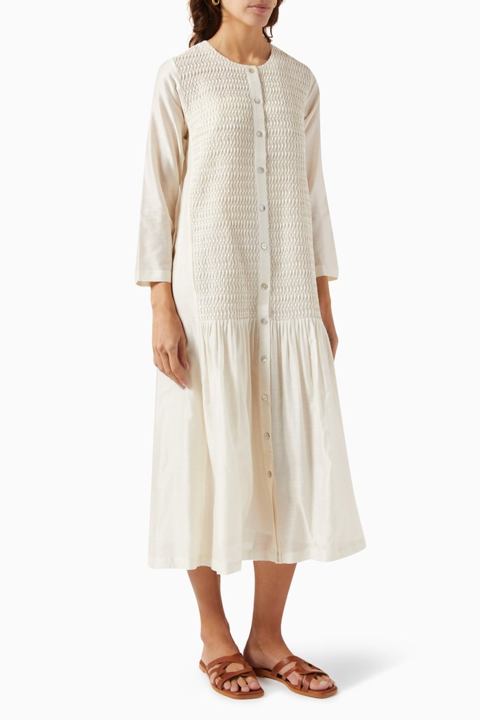 

Textured Button Down Dress in Chanderi Silk, Neutral