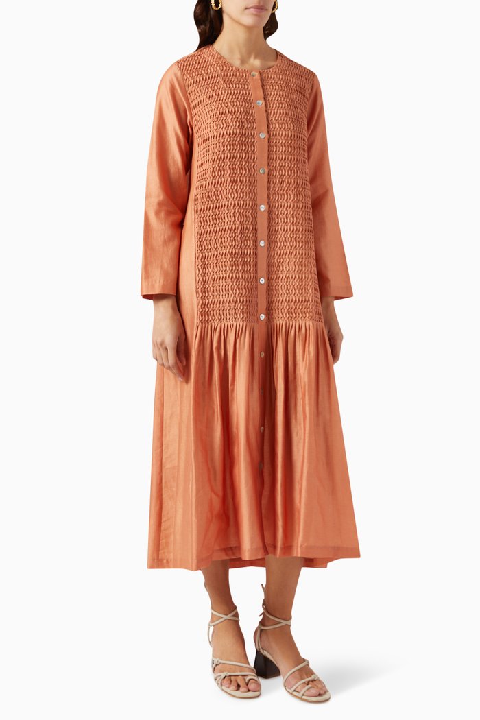 

Textured Button Down Dress in Chanderi Silk, Orange