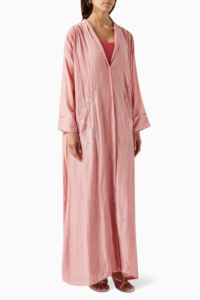 

Embroidered Kaftan in Cotton Silk, Pink