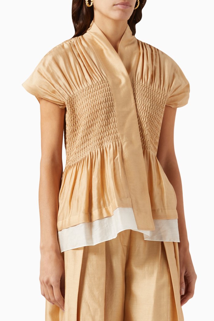 

Textured Pintuck Top in Chanderi Silk, Neutral