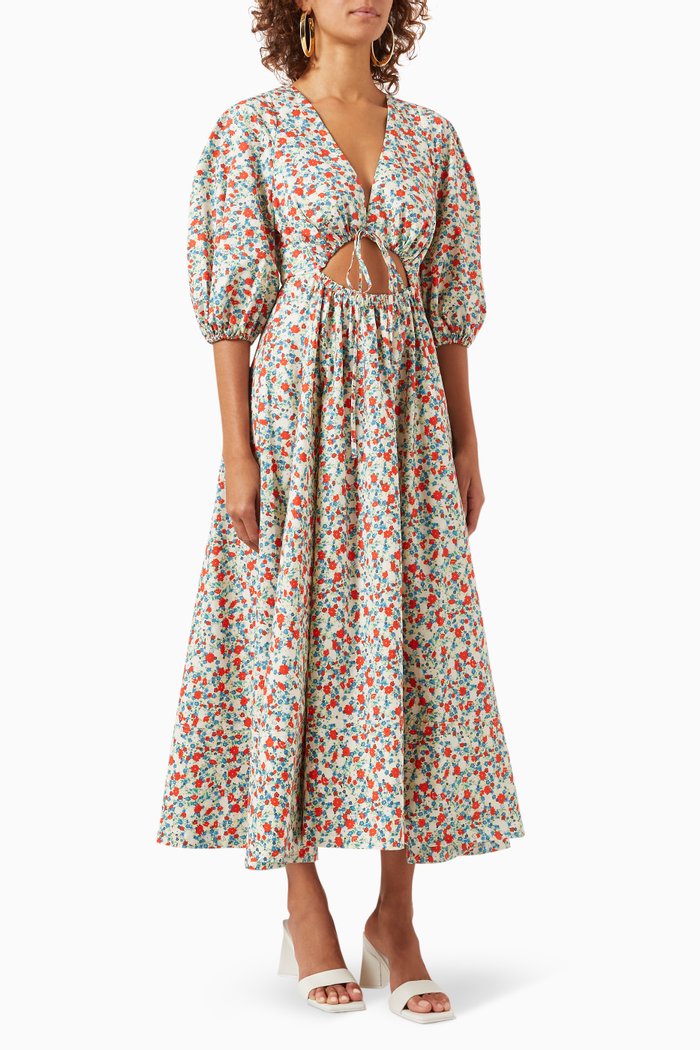 

Ulani Short-sleeve Cut-out Midi Dress in Cotton Poplin, Multicolour