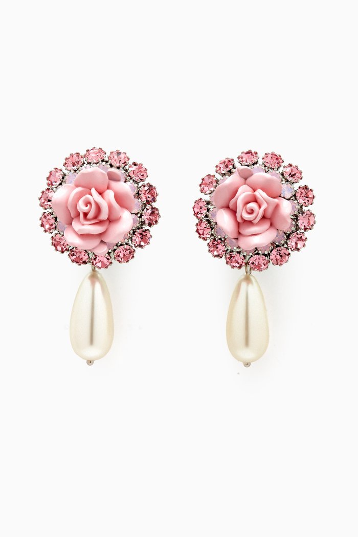 

Rose Crystal & Pearl Clip Earrings in Metal, Pink
