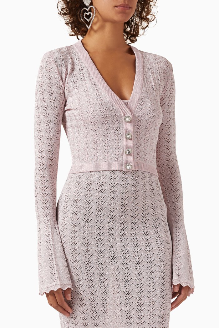 

V-neck Crop Cardigan in Lurex Lace-knit, Pink