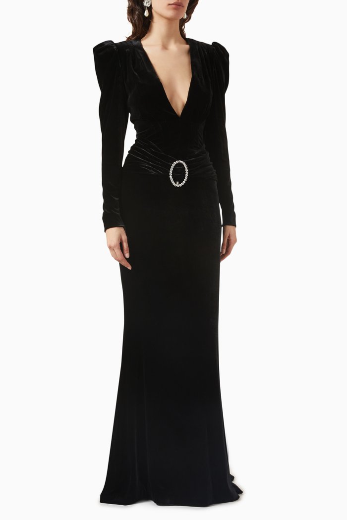 Crystal Buckle Gown in Velvet, Black