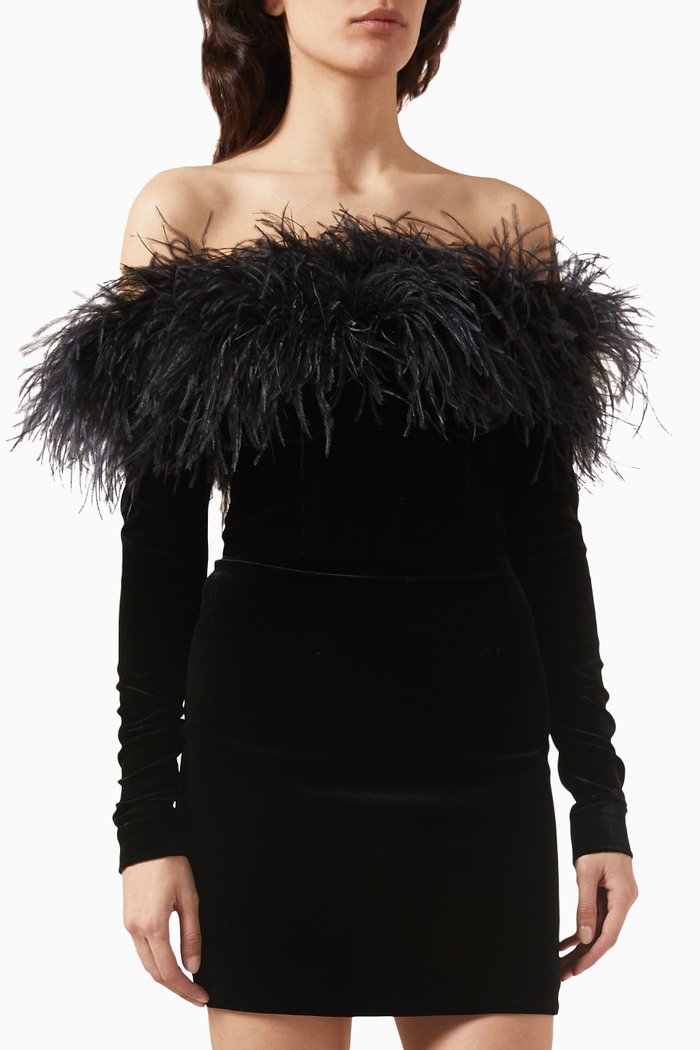 

Feather Mini Dress in Velvet, Black