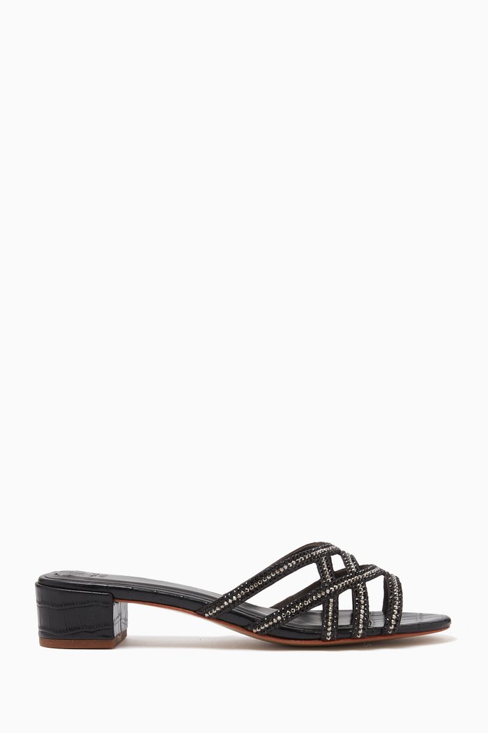 Miuccia 40 Mule Sandals in Croc-print Leather, Black