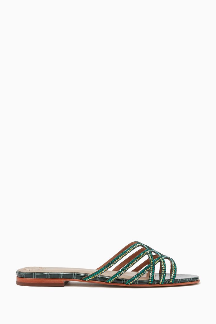 Robbia Crystal Flat Sandals in Croc-embossed Leather, Green