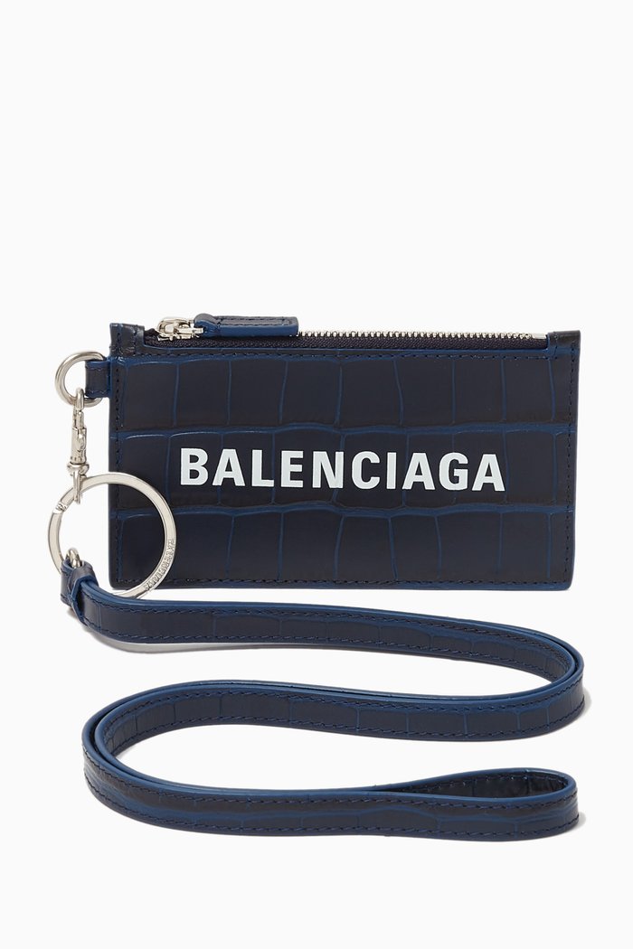 

Cash Card & Badge Holder in Croc-embossed Leather, Blue