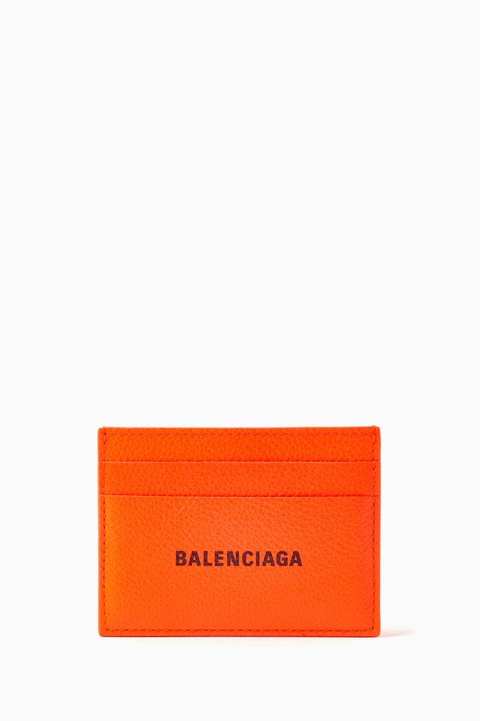 Logo Print Card Holder in Leather, Orange