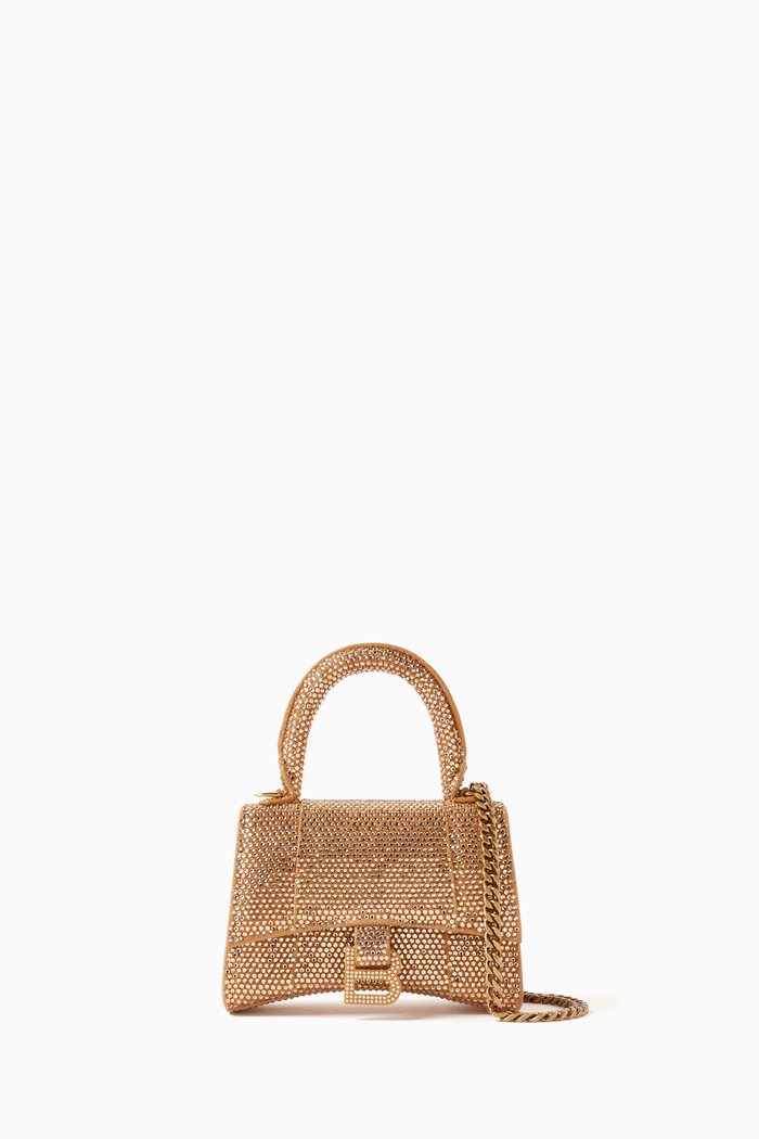 Hourglass Mini Top Handle Bag with Rhinestones in Suede Calfskin, Gold