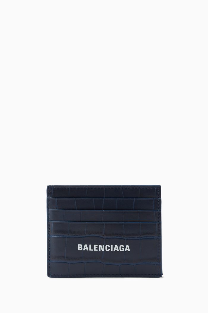 

Cash Card Holder Wallet in Croc-embossed Leather, Blue
