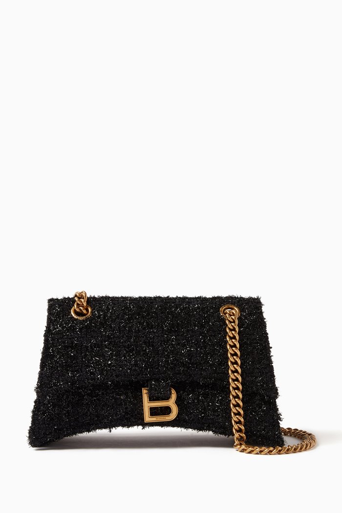 

Small Crush Chain Shoulder Bag in Tweed, Black
