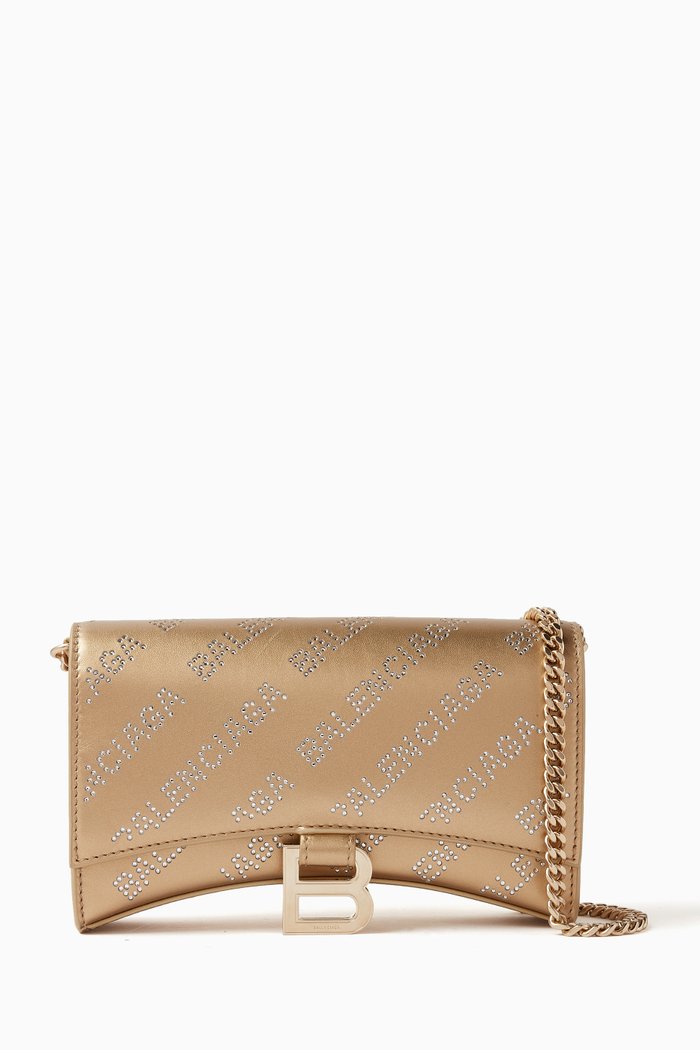 

Hourglass Wallet on Chain with Rhinestone Allover Logo in Metallized Smooth Calfskin, Gold