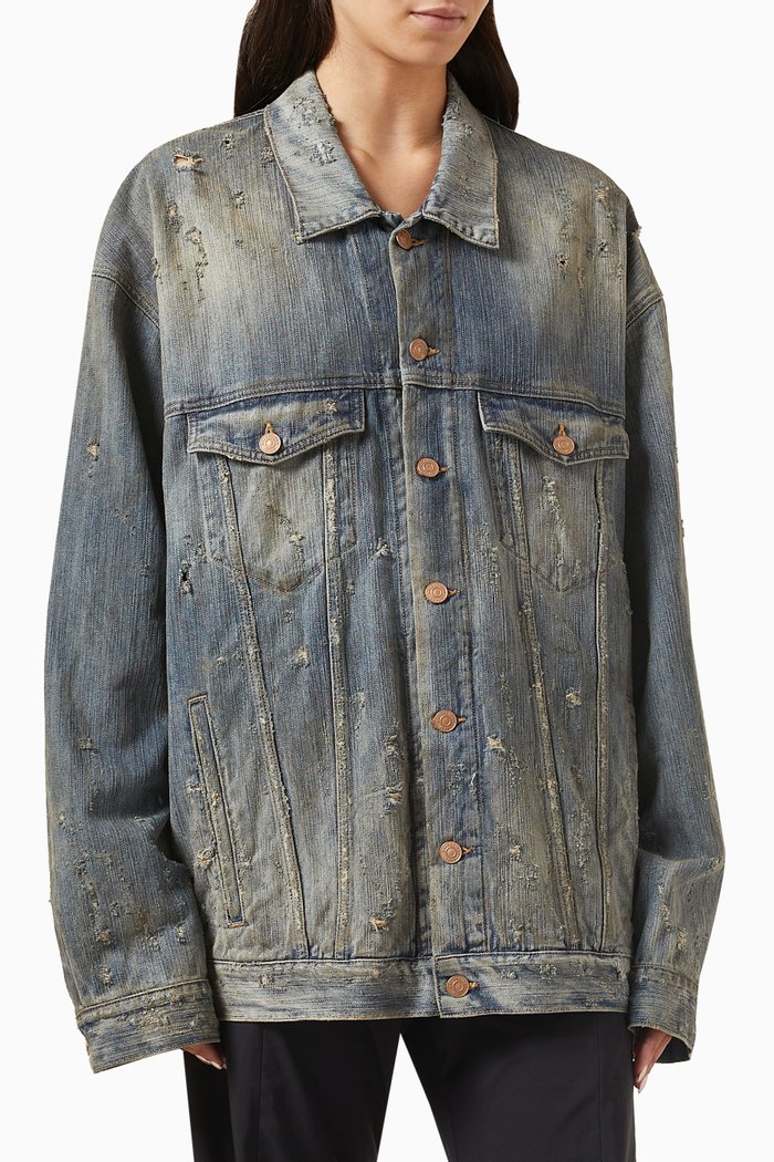 

Oversized Destroyed Strass Jacket in Italian Ring Denim, Blue