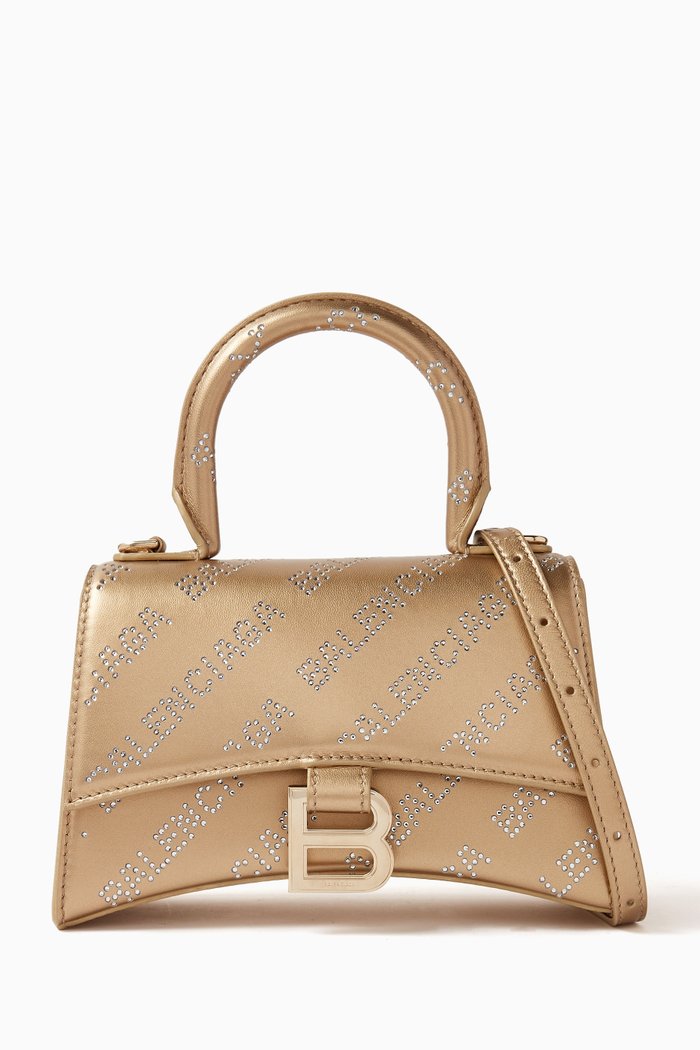 

Hourglass XS Handbag with Rhinestone Allover Logo in Metallized Smooth Calfskin, Gold