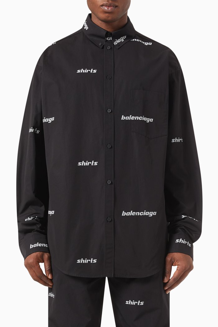 All Over Logo Large Fit Shirt in Cotton Poplin, Black