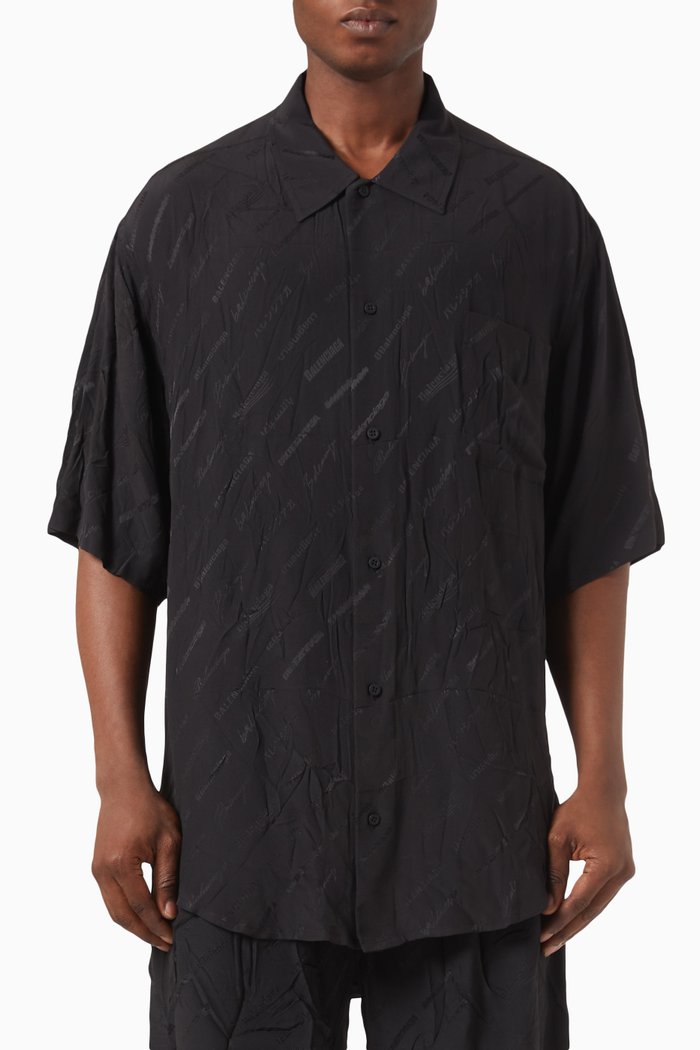 

Logomania All Over Minimal Short Sleeve Shirt in Silk Jacquard, Black