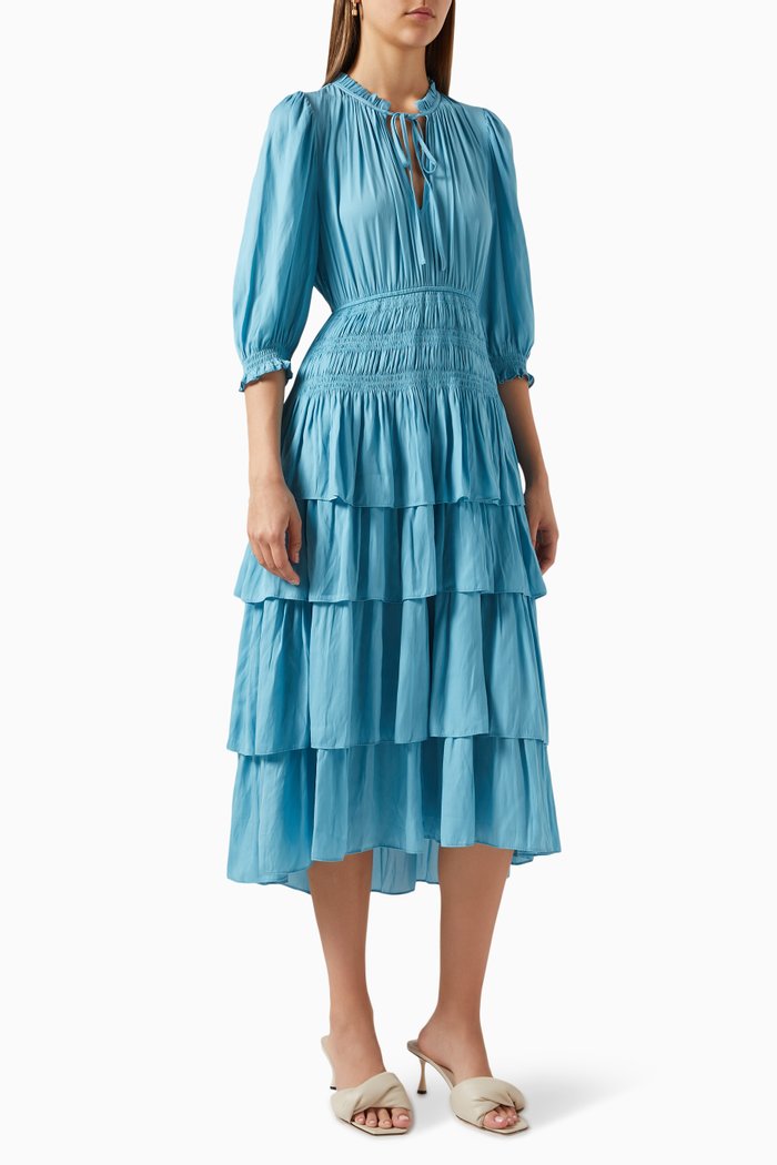 

Radjinette Ruffled Midi Dress in Satin, Blue