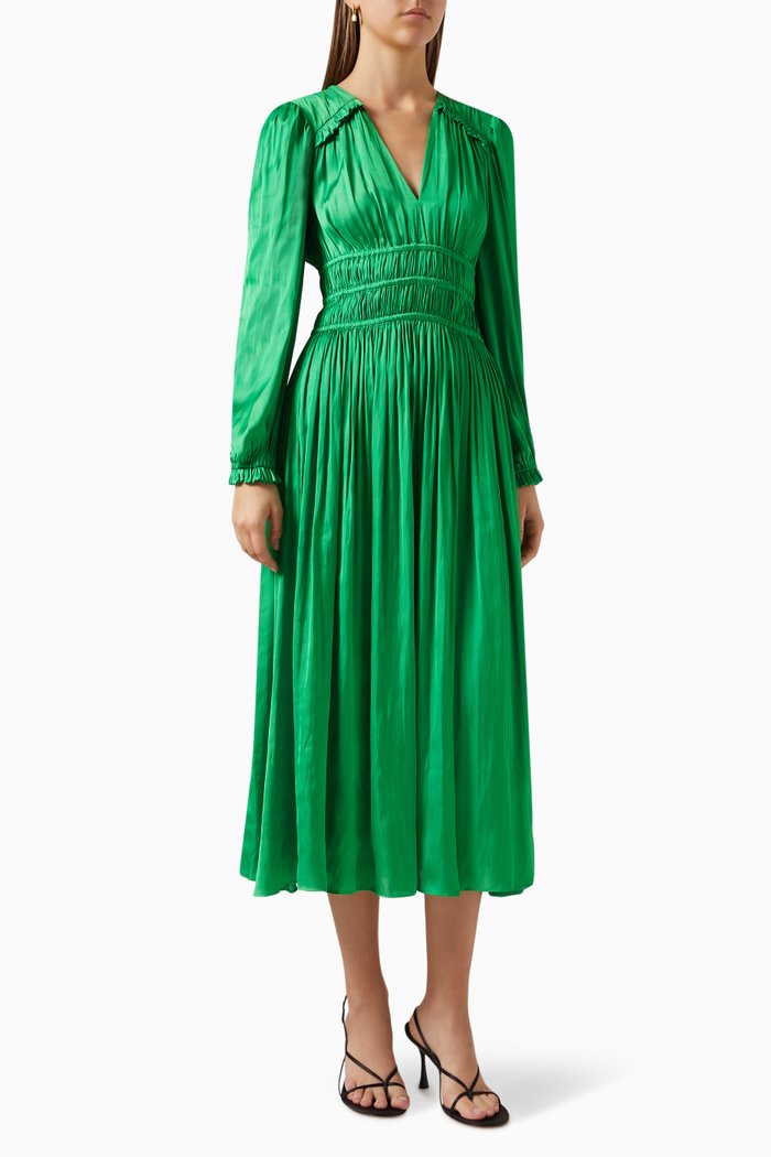Riannette V-neck Midi Dress in Satin, Green