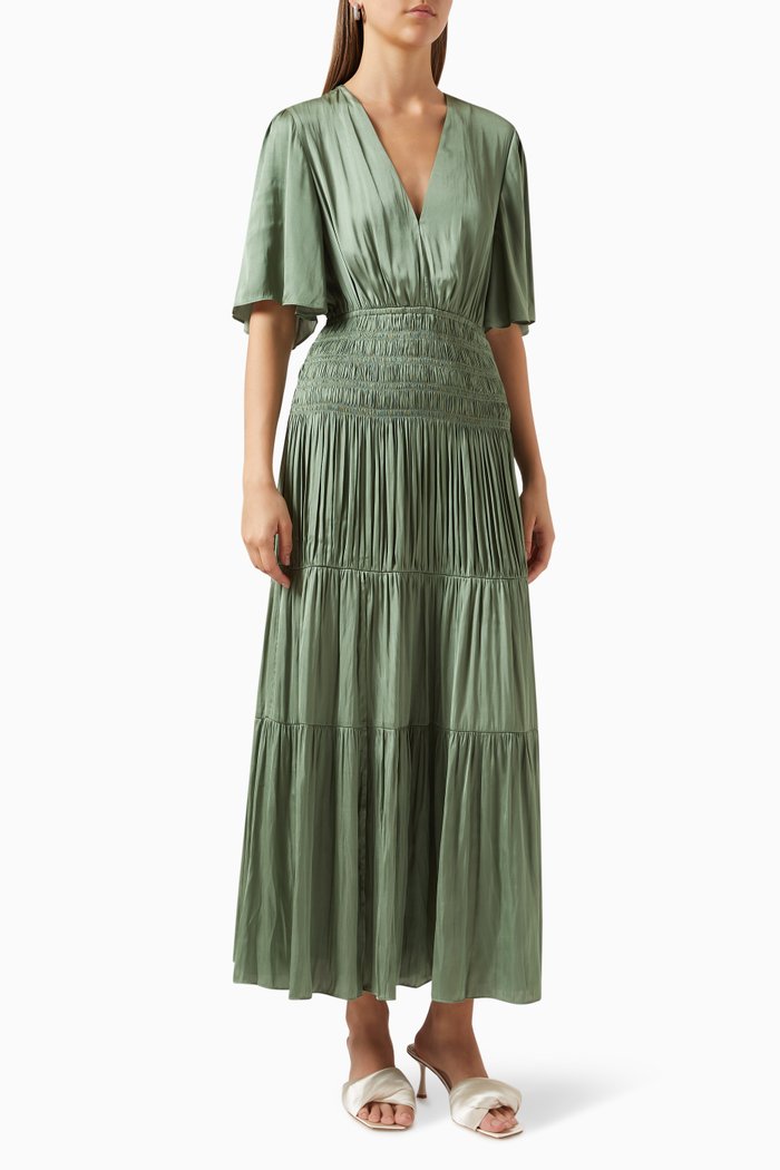 

Rome Pleated Maxi Dress in Satin, Green