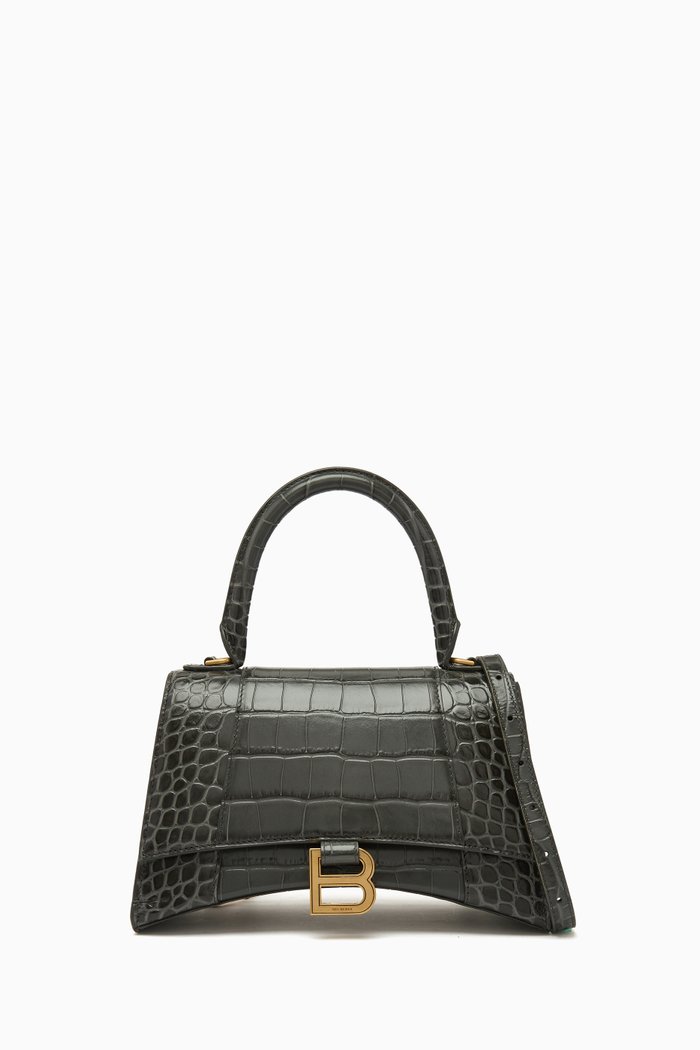 

Small Hourglass Top-handle Bag in Croc-embossed Leather, Grey