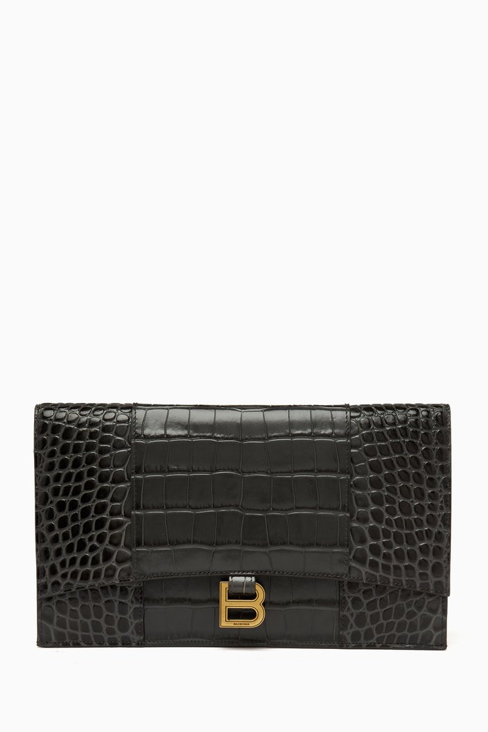

Hourglass Flat Pouch in Croc-embossed Leather, Grey