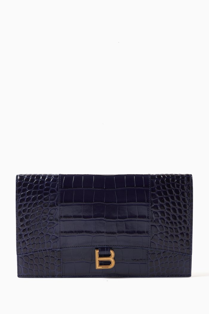 

Hourglass Flat Pouch with Flap in Shiny Crocodile-embossed Calfskin, Blue