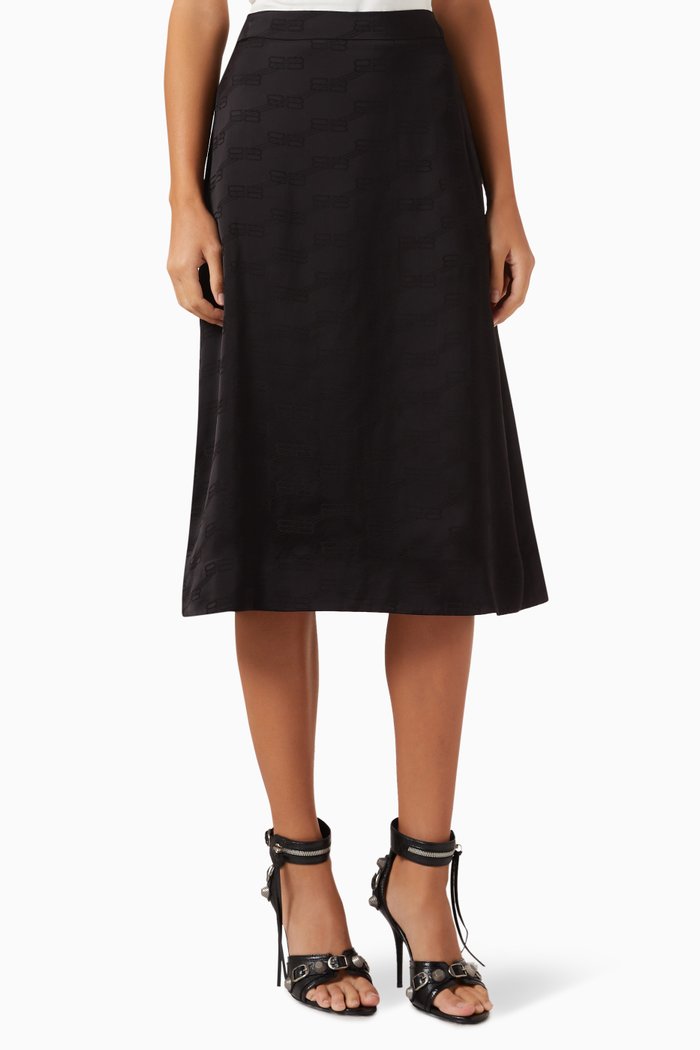 Flocked Monogram Midi Skirt in Viscose, Black