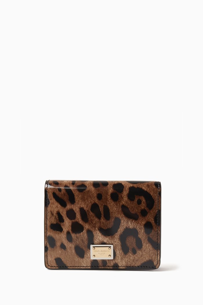

x KIM DG Flap Wallet in Leopard-print Polished Leather, Brown