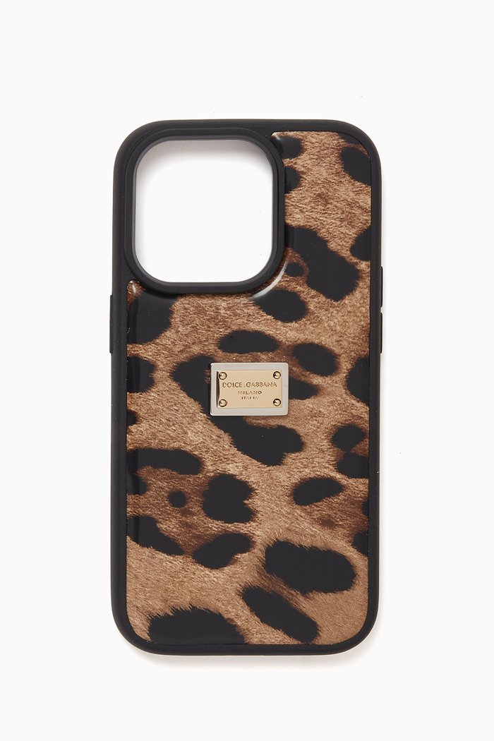 

x KIM DG iPhone 14 Pro Case in Leopard-print Polished Leather, Brown