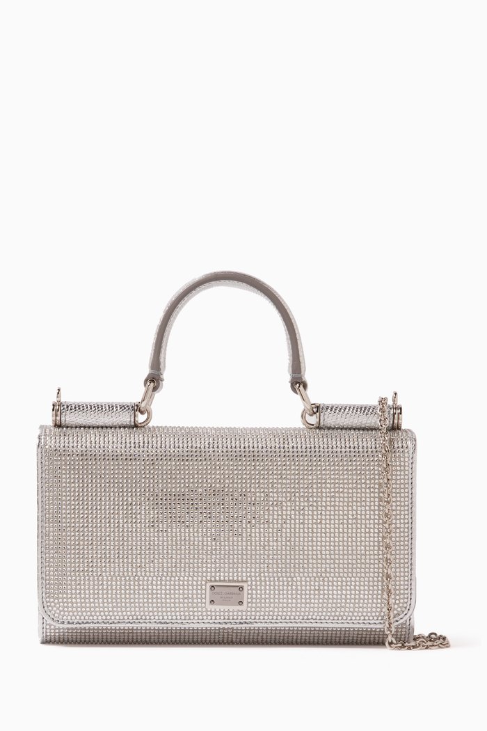 

Mini Embellished Wallet on Chain in Satin, Silver