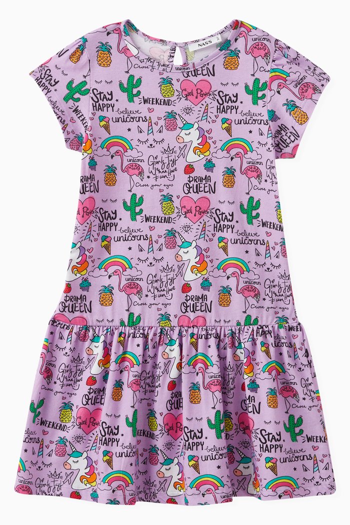 

Graphic Print Dress in Cotton, Purple