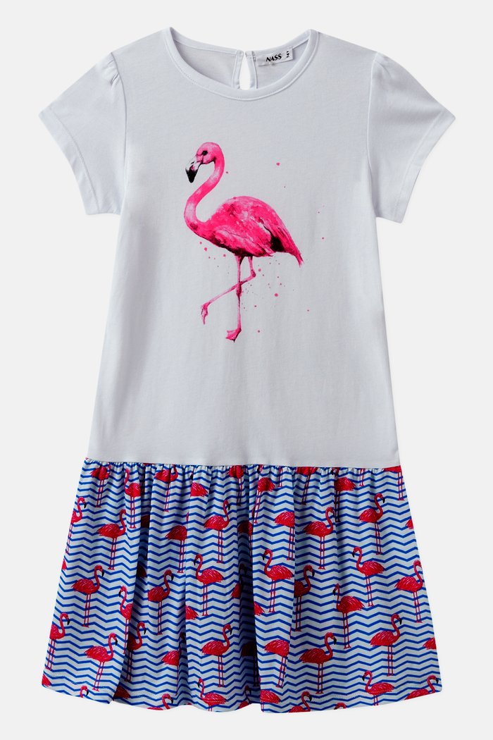 

Flamingo Print Dress in Cotton, White