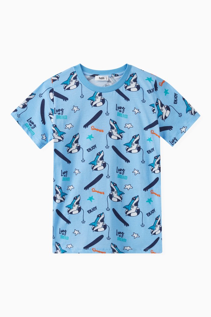 

Shark Print T-Shirt in Cotton, Blue