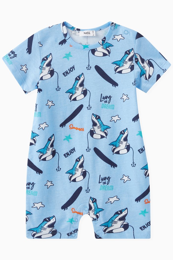 

Shark Print Romper in Cotton, Blue