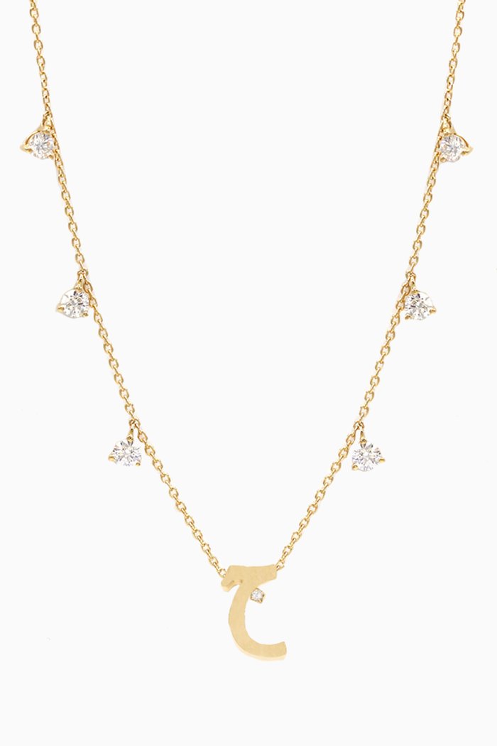 Diamond Droplets Initial Necklace - Letter "Jeem" in 18kt Gold, Yellow