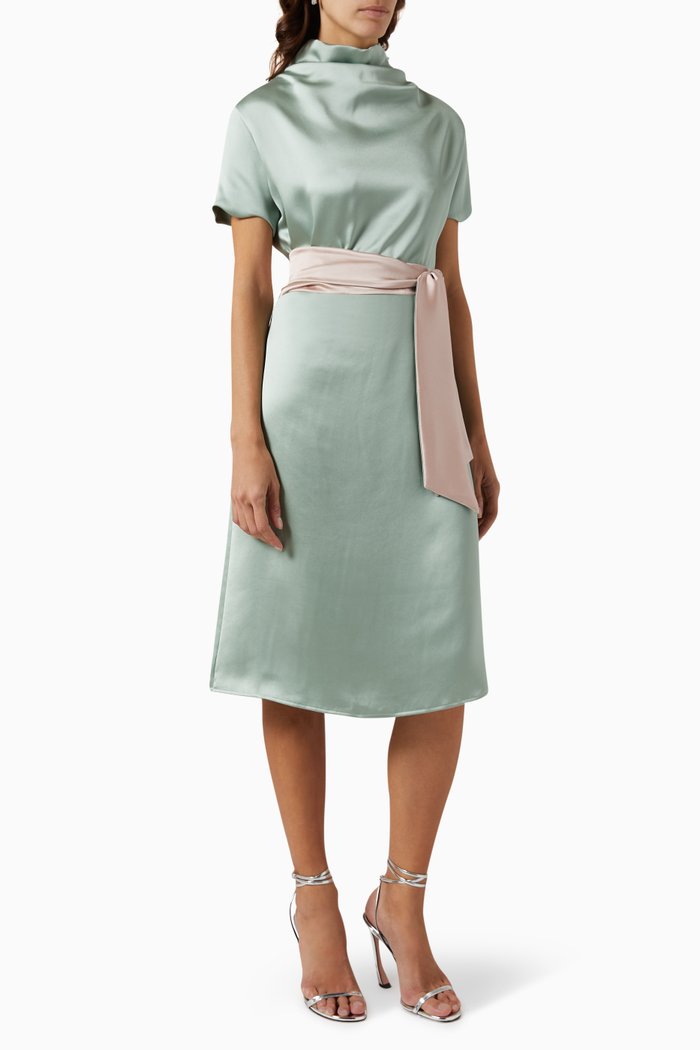 

Belted Turtleneck Dress in Satin, Green