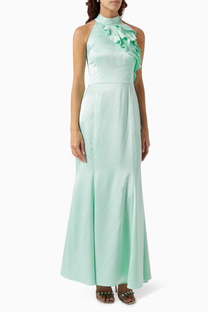 Ruffle Maxi Dress in Satin, Blue