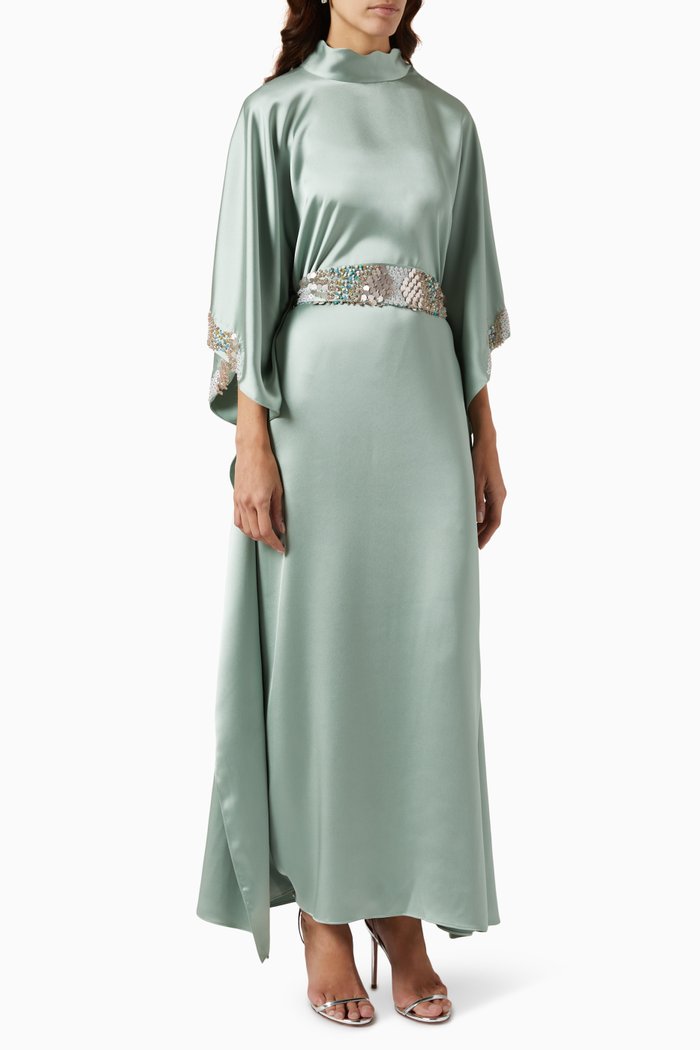 

Embellished Kaftan in Satin, Green