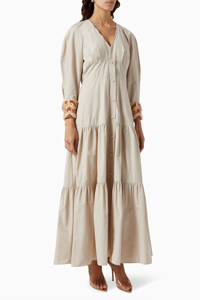 

Tiered Maxi Dress in Cotton Blend, Neutral