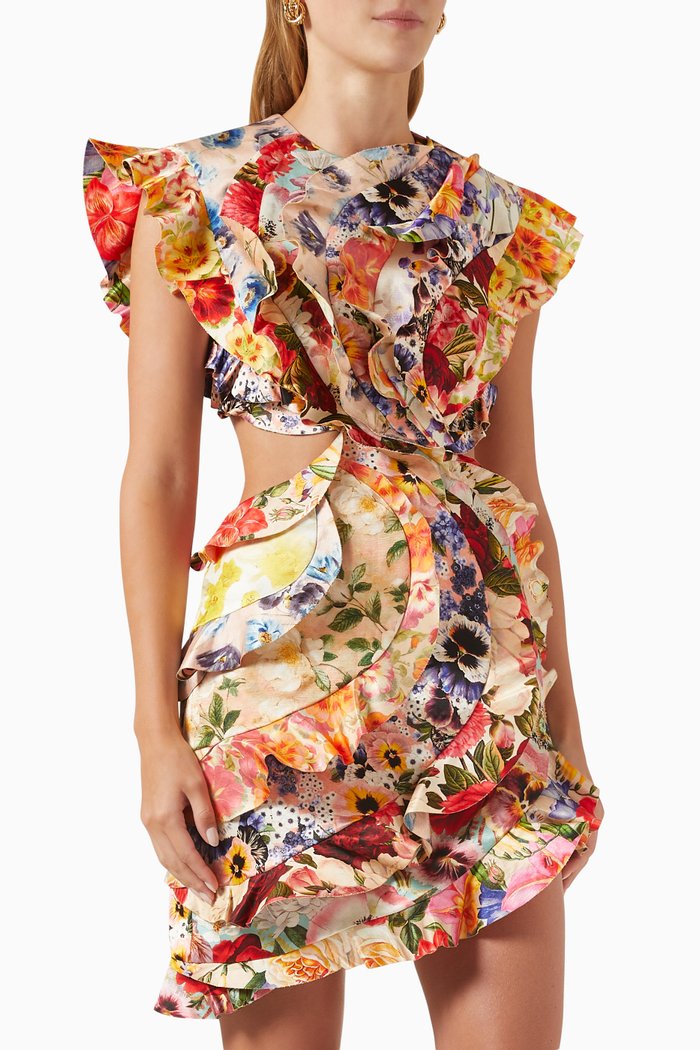 

Wonderland Frilled Mini Dress in Linen-silk Blend, Multicolour