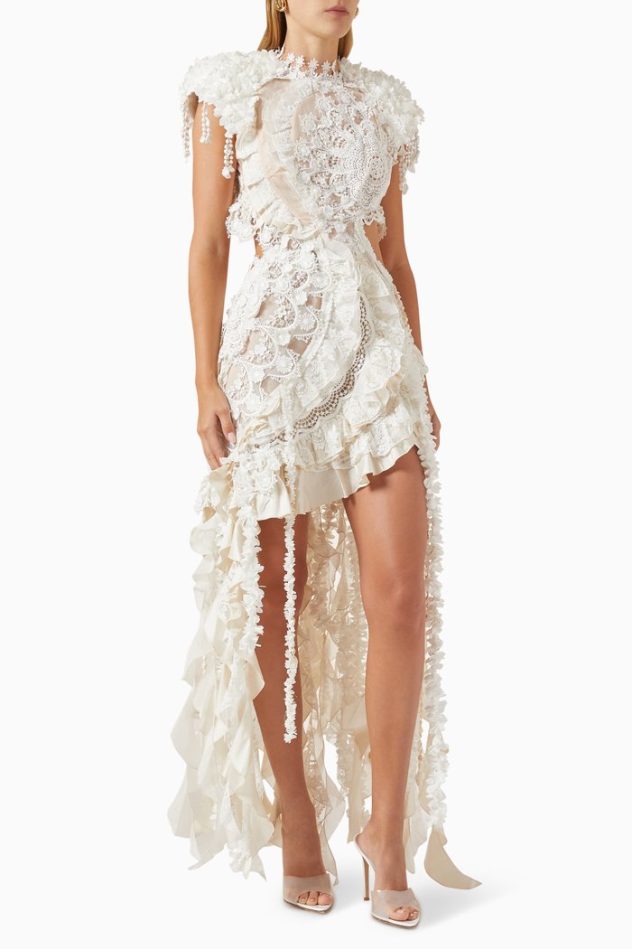 

Wonderland Lace Frilled Mini Dress in Cotton-blend, Neutral