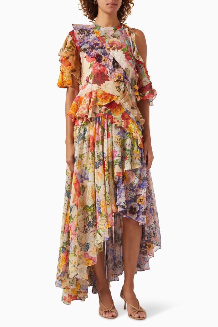 

Wonderland Flounce Midi Dress in Cotton & Silk Blend, Multicolour