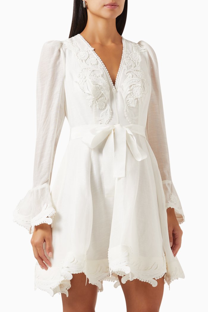 

Wonderland Appliqué Mini Dress in Silk-linen Blend, White