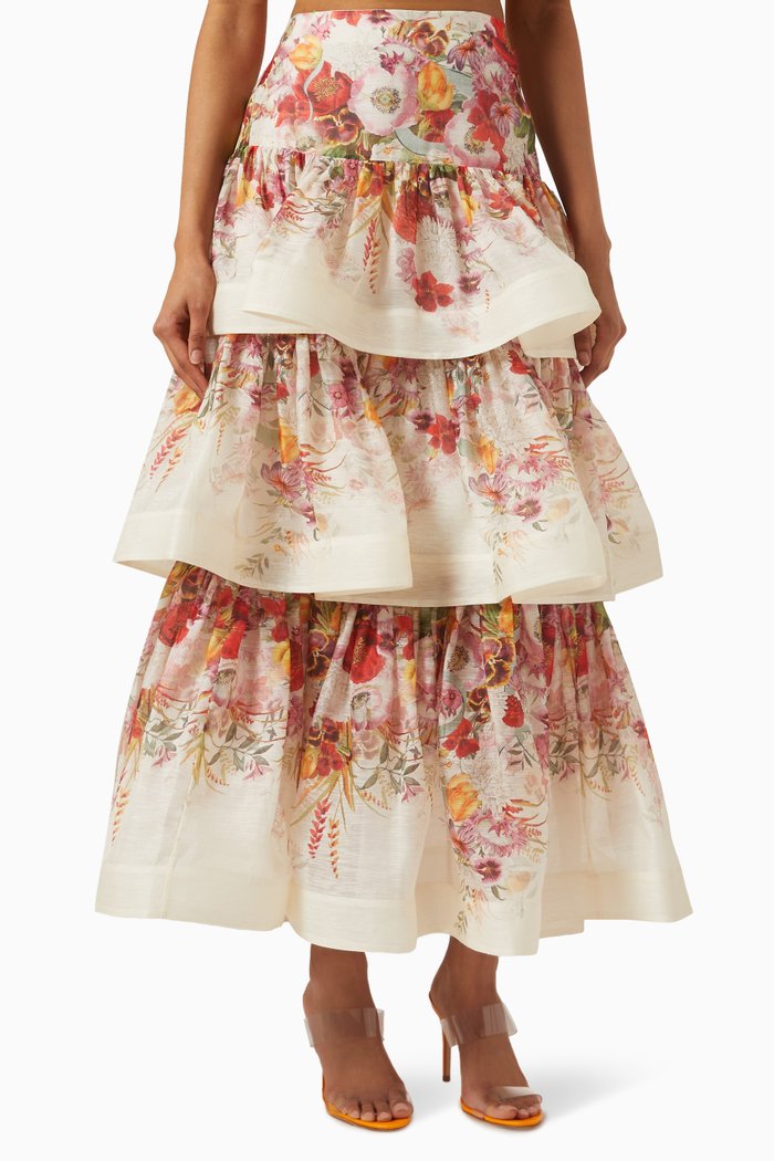 

Wonderland Poppy-print Tiered Midi Skirt in Silk-linen Organza, Multicolour