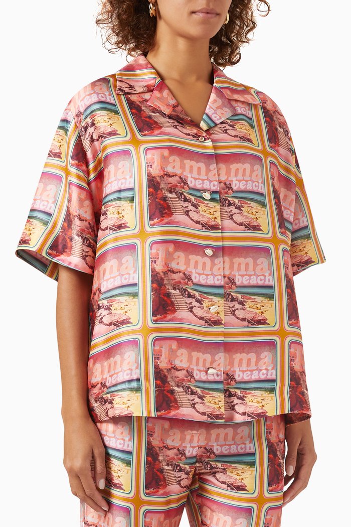

Wonderland Poster Boxy Shirt in Silk, Pink