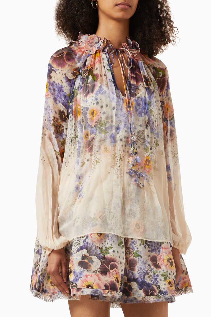 

Tama Flower Collar Blouse in Silk, Multicolour